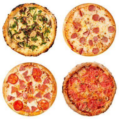 Beyaz arkaplanda izole edilmiş farklı pizza kolajı