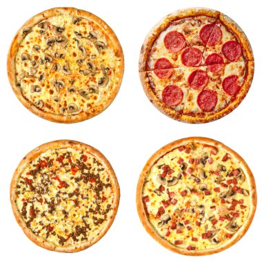 Beyaz üzerine izole edilmiş farklı pizza kolajı