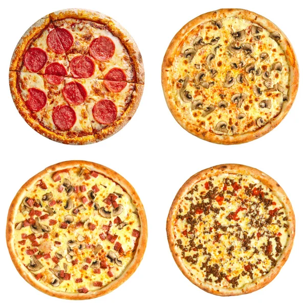 Conjunto de diferentes pizzas colagem isolada em branco — Fotografia de Stock