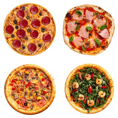 Farklı Pizza üzerinde beyaz izole kümesi