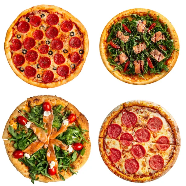 Izolovaná koláž různých druhů pizzy — Stock fotografie