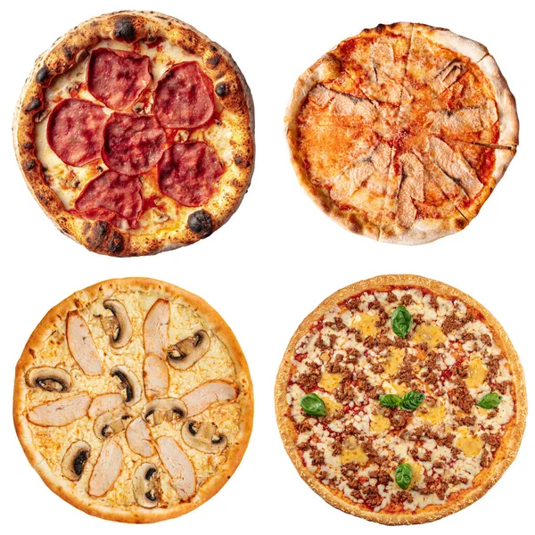 Zestaw kolażowy czterech różnych pizzy do odizolowania menu — Zdjęcie stockowe