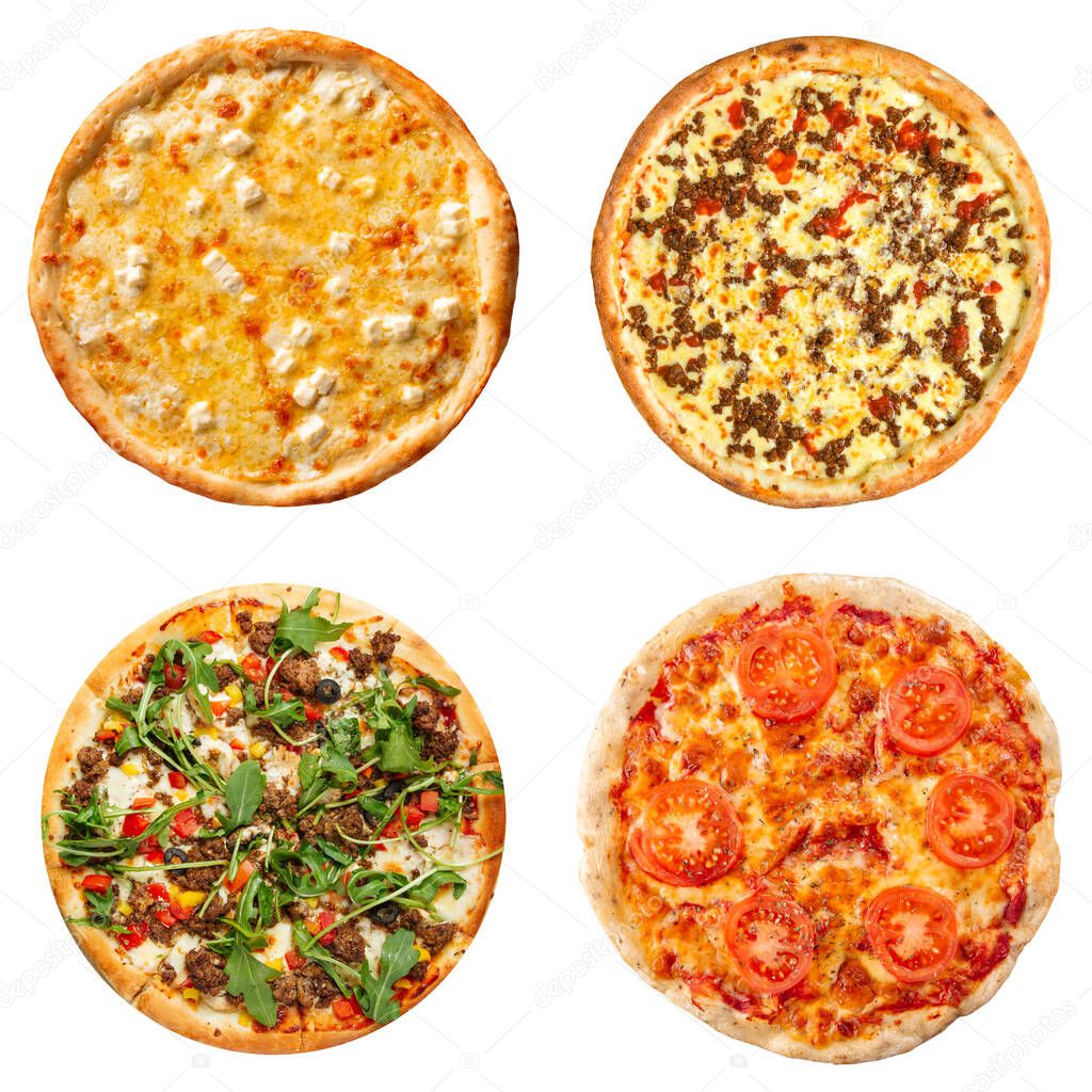 Isolated collage of various types of pizza