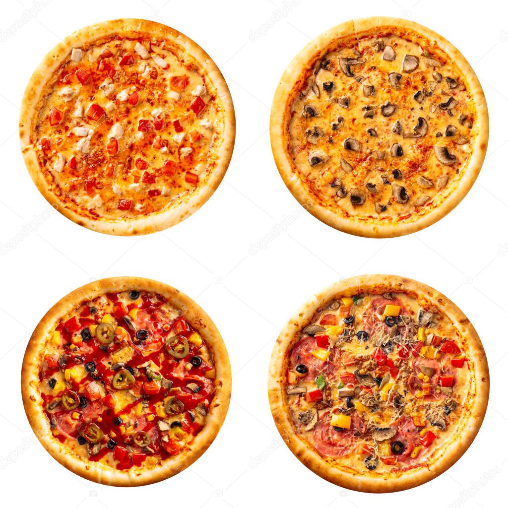 Set of different pizzas collage isolated on white