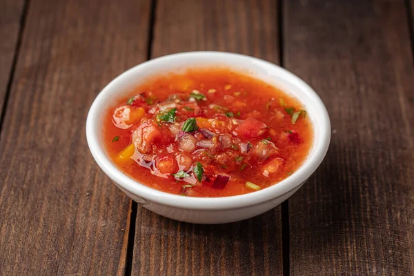 Small bowl of appetizing red salsa sauce — Stock Photo, Image