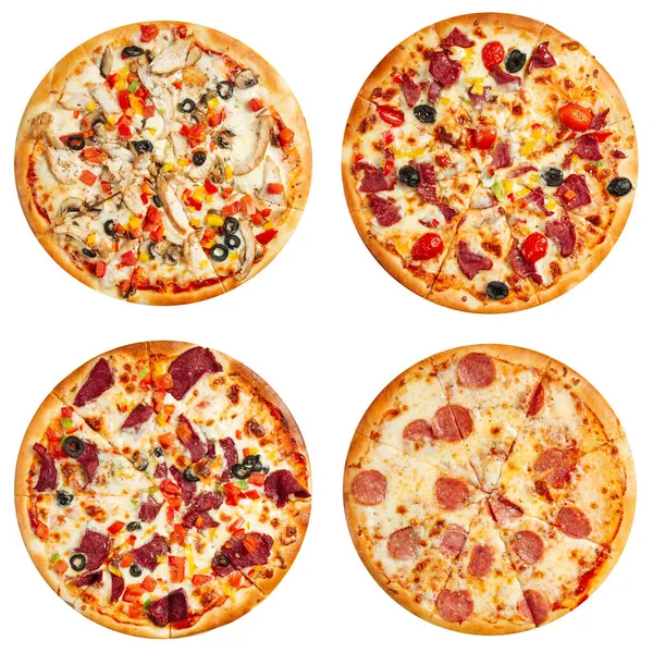 Conjunto de diferentes pizzas collage aisladas en blanco —  Fotos de Stock