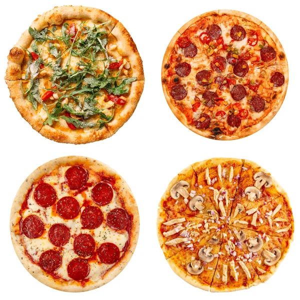 Zestaw różnych pizzy collage izolowane na białym — Zdjęcie stockowe