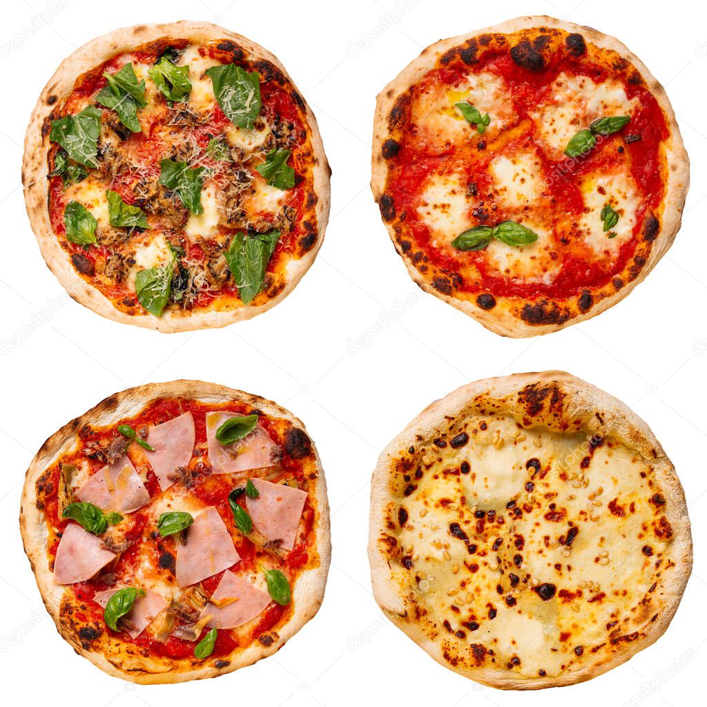Set of four different pizzas isolated on white