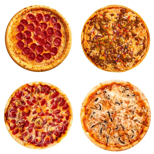 Zestaw czterech różnych pizzy izolowanych na białym — Zdjęcie stockowe