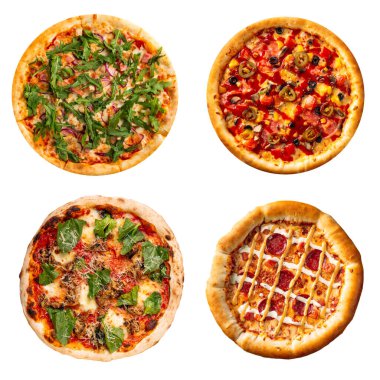 Çeşitli pizza türlerinin izole kolajı