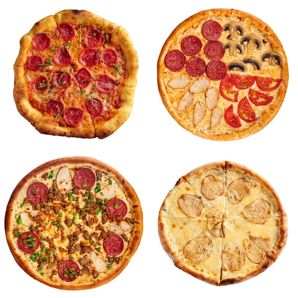 Odizolowany kolaż różnych rodzajów pizzy — Zdjęcie stockowe