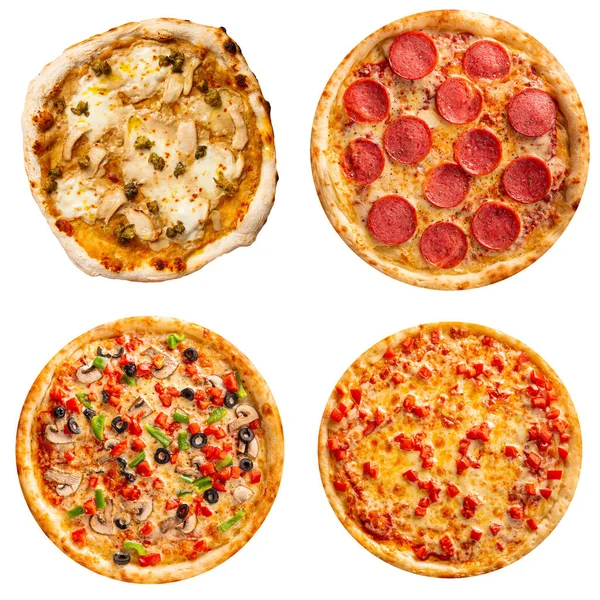 Conjunto de diferentes pizzas collage aisladas en blanco —  Fotos de Stock