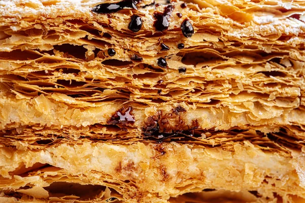 Closeup on slice of sweet napoleon cake texture — Stock Photo, Image