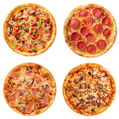 Beyaz üzerine izole edilmiş farklı pizza kolajı