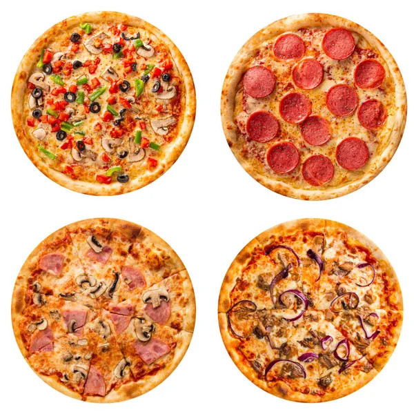 Conjunto de diferentes pizzas collage aisladas en blanco — Foto de Stock