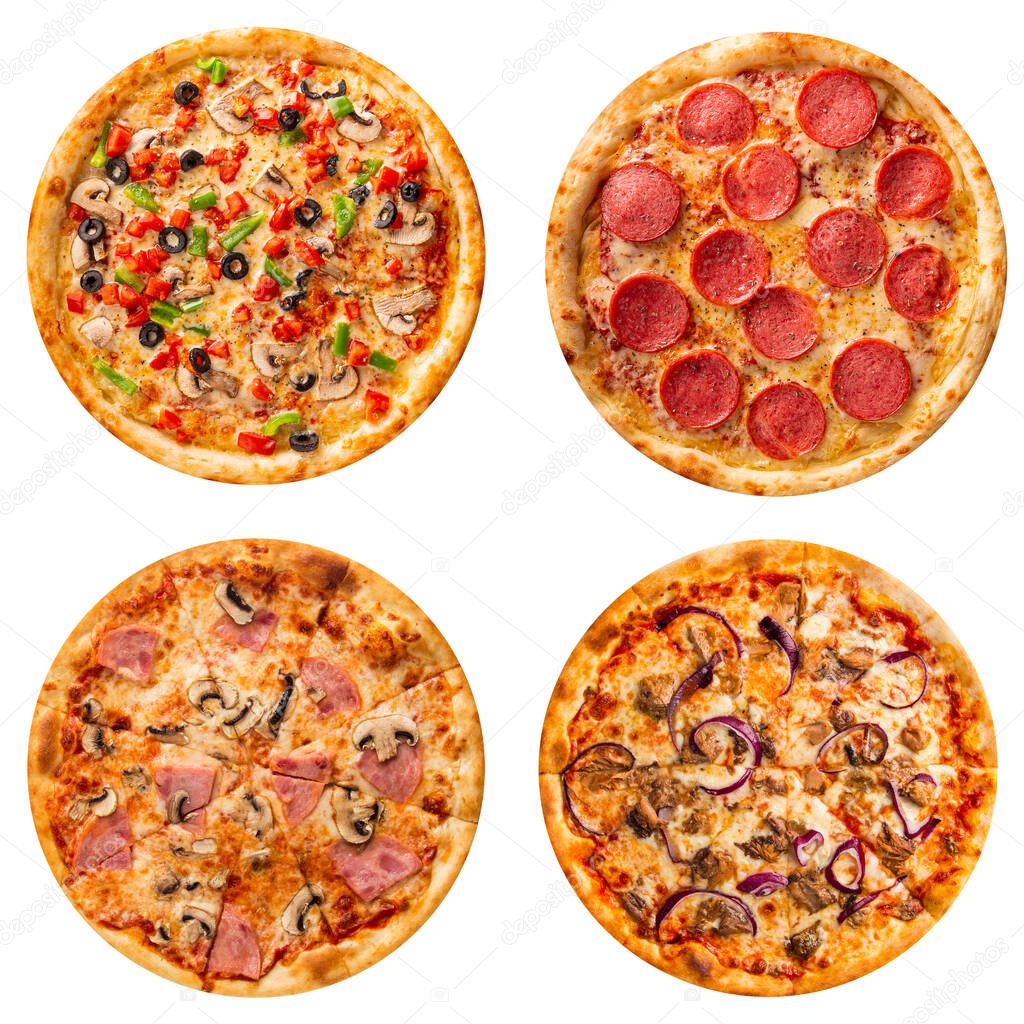 Set of different pizzas collage isolated on white