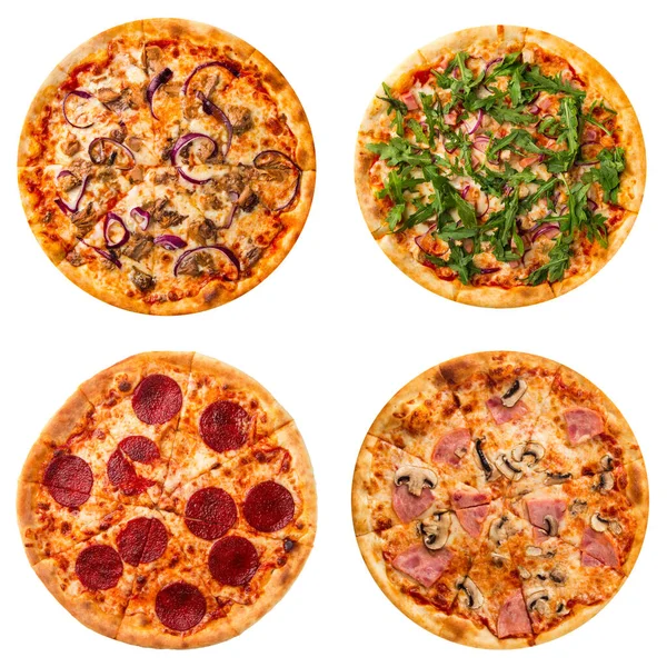 Zestaw kolażowy czterech różnych pizzy do odizolowania menu — Zdjęcie stockowe