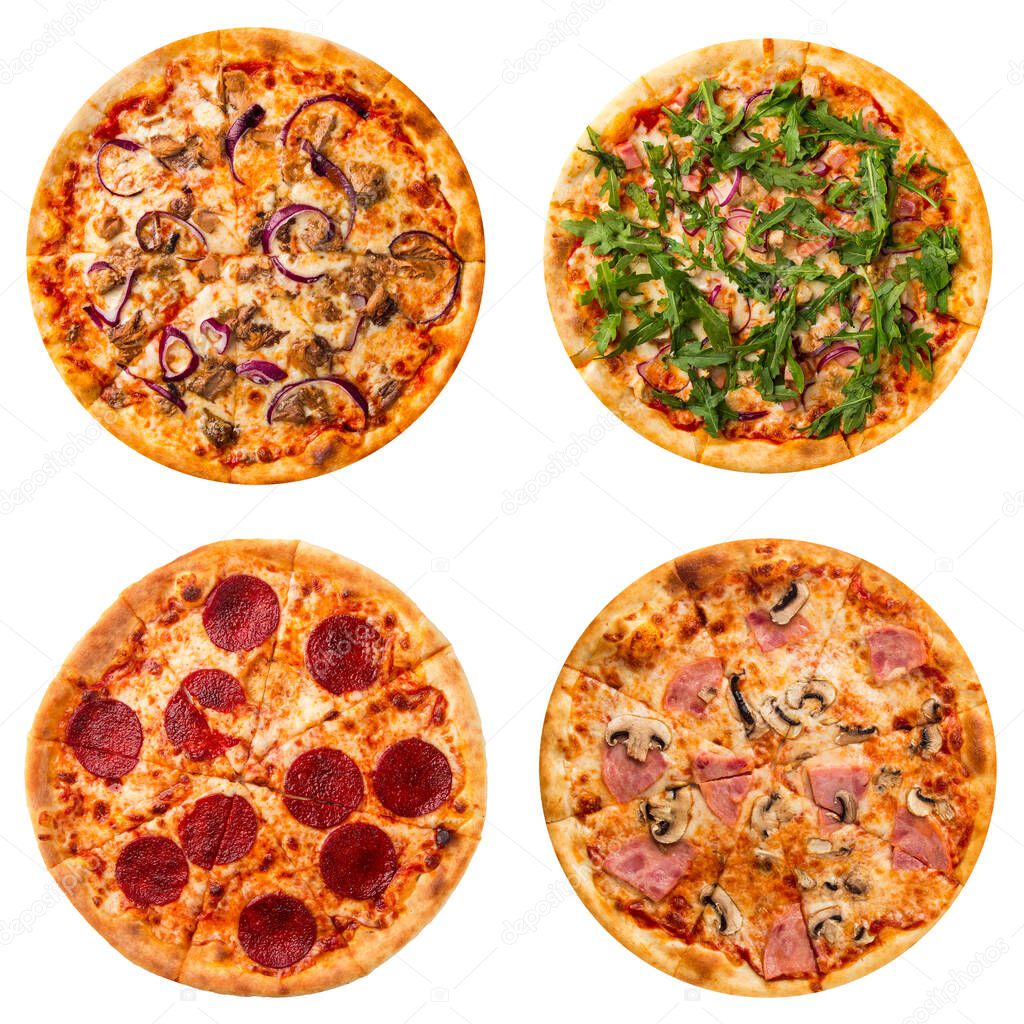 Collage set of four different pizzas for menu isolated