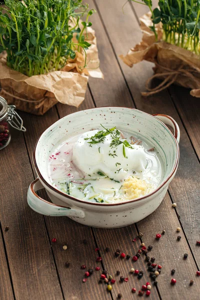 ซุปเย็นแบบดั้งเดิมของรัสเซีย okroshka กับ kefir — ภาพถ่ายสต็อก