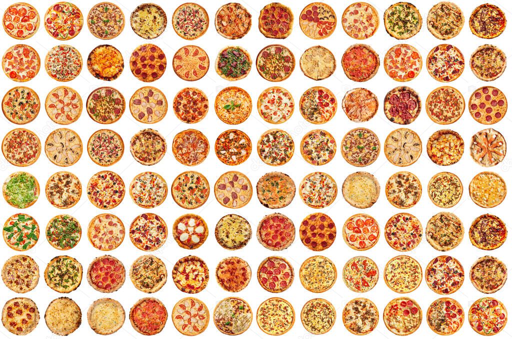 Isolated assorted variety of pizza group collage