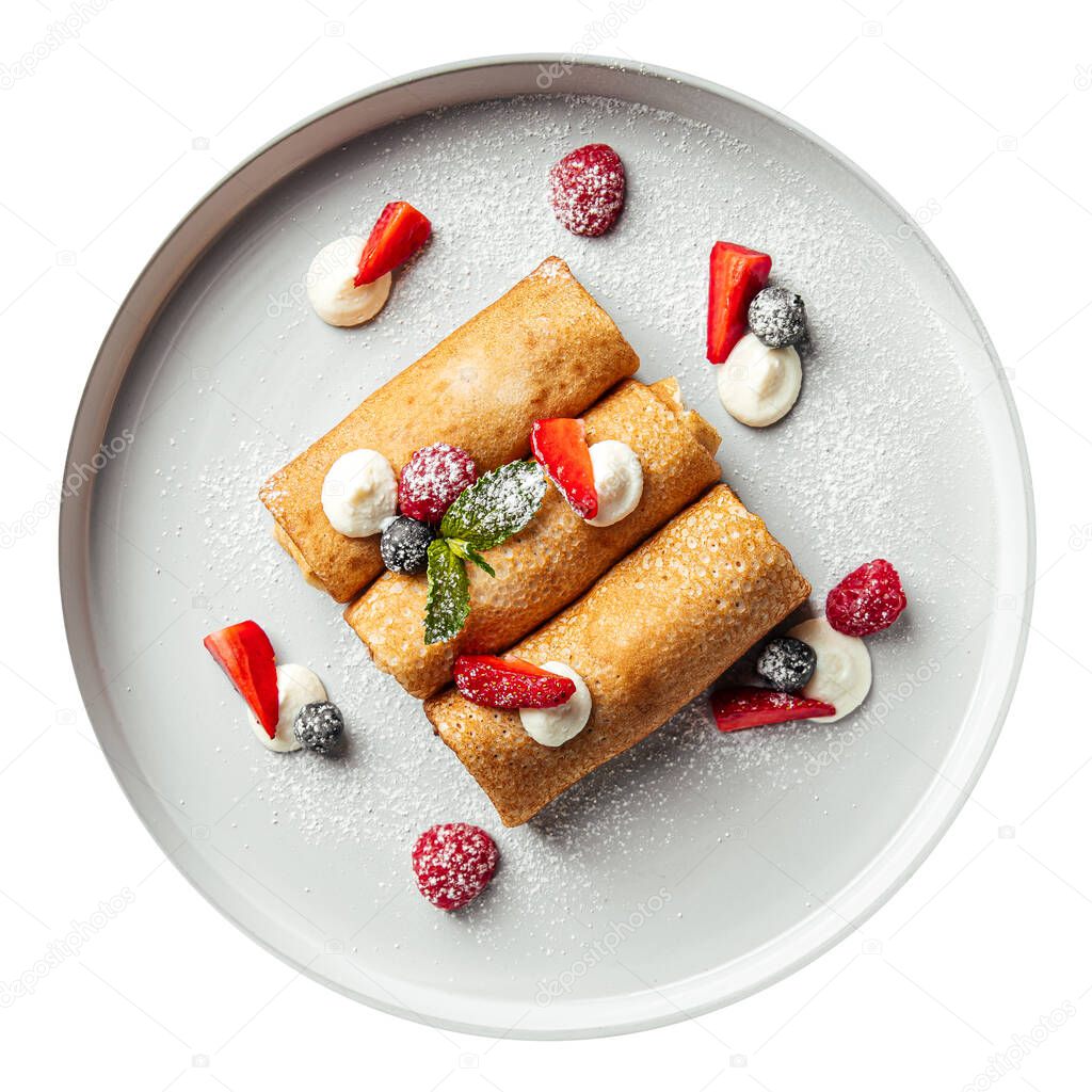 Isolated portion of stuffed russian pancake rolls