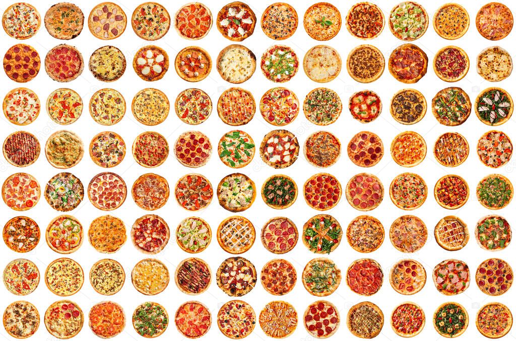 Isolated assorted variety of pizza group collage