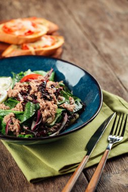 Sağlıklı ton balığı ve tostlu ıspanak salatası.