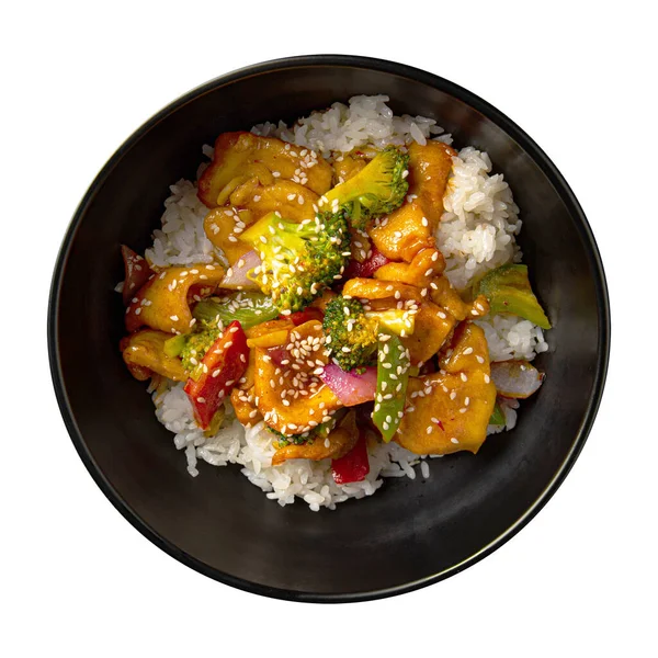 Isolated bowl of asian curry chicken and rice —  Fotos de Stock