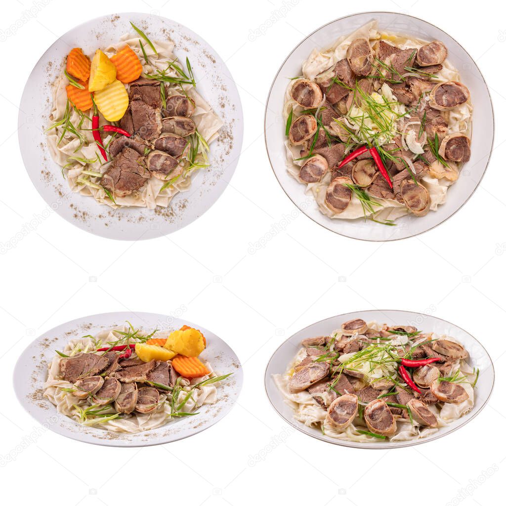 Isolated kazakh dish beshbarmak collage