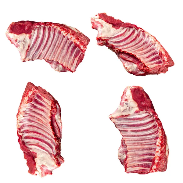 Collage de diferentes costillas de carne cruda aisladas — Foto de Stock