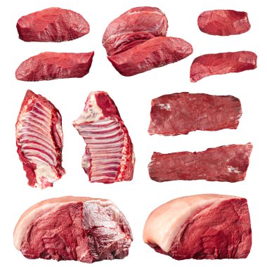 İzole edilmiş çiğ et parçaları kolajı