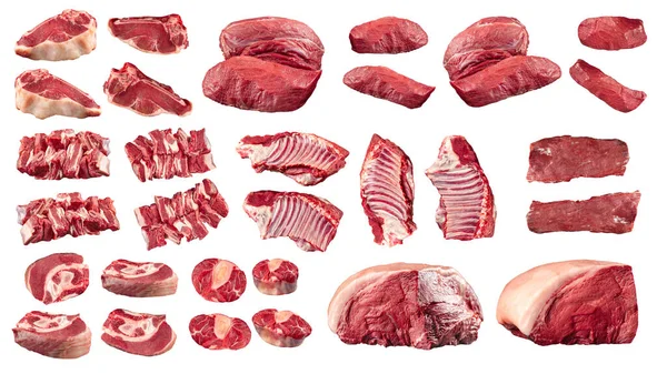 Koláž izolovaných kusů syrového hovězího masa — Stock fotografie