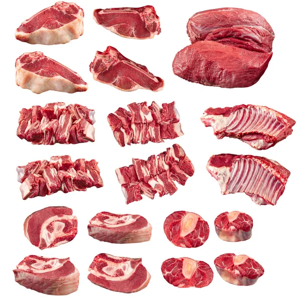 Colagem de pedaços isolados de carne de vaca crua — Fotografia de Stock