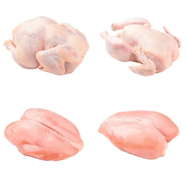 Isolierte Collage Aus Ganzen Rohen Hühnern Und Brüsten Auf Weißem — Stockfoto