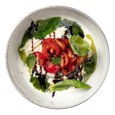 Domatesli ve soslu stracciatella peyniri.