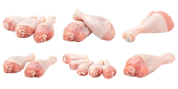 Beyaz Arka Planda Izole Edilmiş Çiğ Tavuk Bacağı Kolajı — Stok fotoğraf