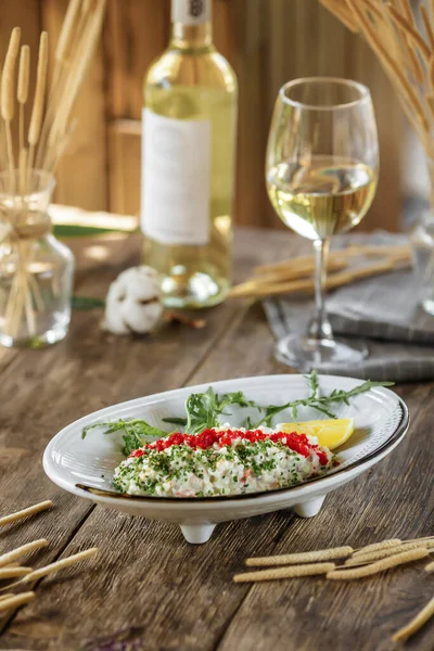Closeup Gourmet Salad Caviar Crab Sticks White Wine — Foto de Stock