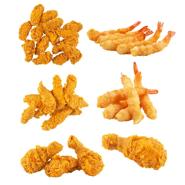Isolated Assorted Fried Chicken Tempura Shrimp Collage — Foto Stock