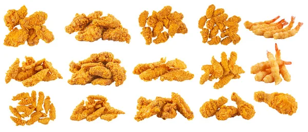 Isolated Assorted Fried Chicken Tempura Shrimp Collage — Fotografia de Stock