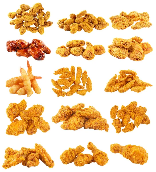 Isolated Assorted Fried Chicken Tempura Shrimp Collage — 스톡 사진