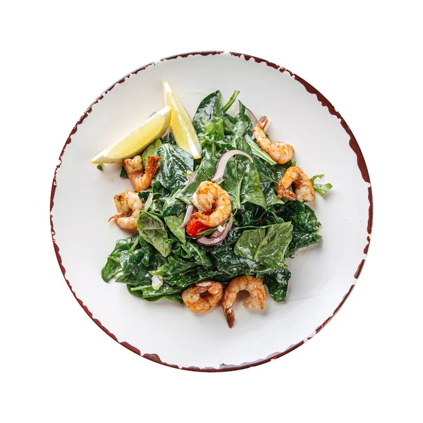 Isolated Plate Gourmet Shrimp Salad Spinach — Stock Photo, Image