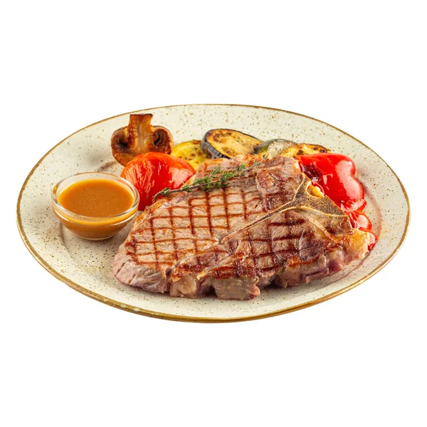 Isolated Plate Gourmet Grilled Bone Steak — 图库照片