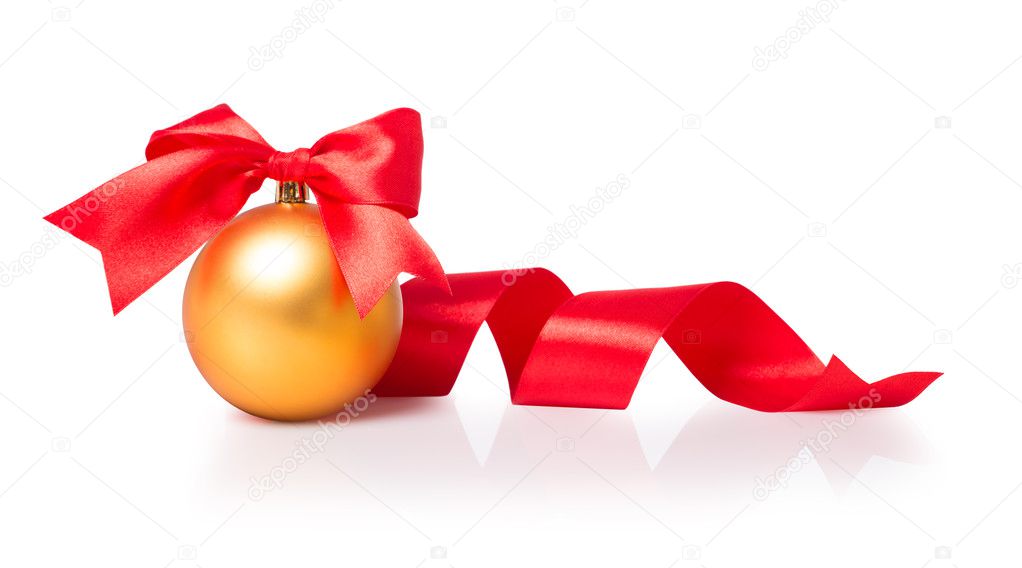 Golden Christmas sphere with ribbon and bow on the white