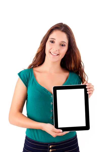 Beyaz arka planda tablet bilgisayarı olan güzel bir kadın. — Stok fotoğraf