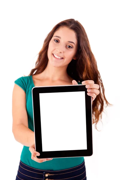 Jovem mulher bonita com tablet PC no fundo branco — Fotografia de Stock