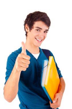 başparmak gösterilen genç mutlu öğrenci