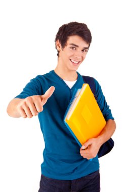 başparmak gösterilen genç mutlu öğrenci