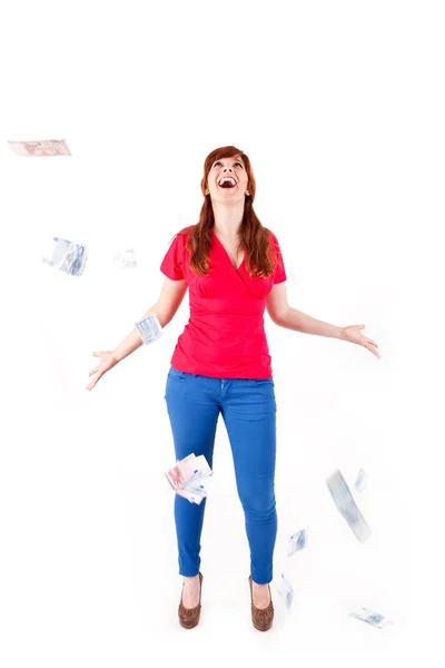 Happy woman showing Euros currency notes — Stock Photo, Image