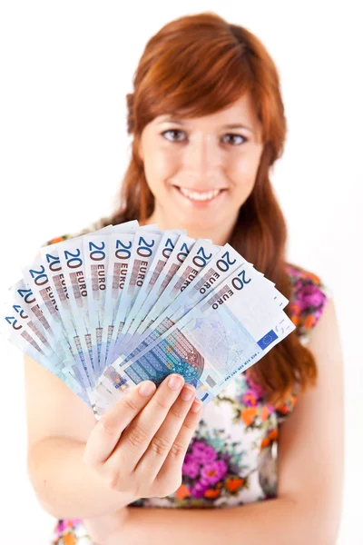 Szczęśliwa kobieta pokazano banknotów euro — Zdjęcie stockowe