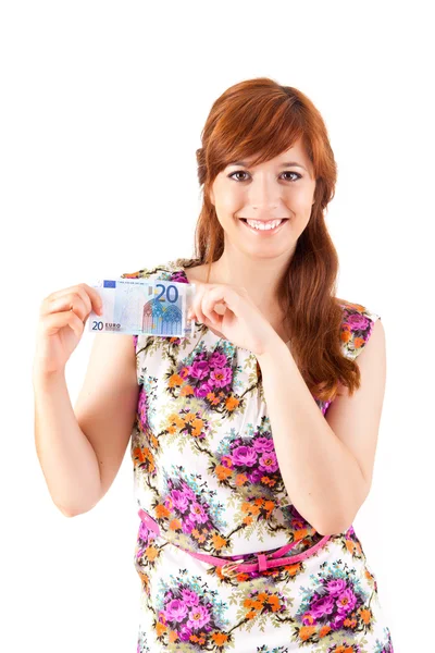 Gelukkige vrouw tonen van euro-bankbiljetten — Stockfoto